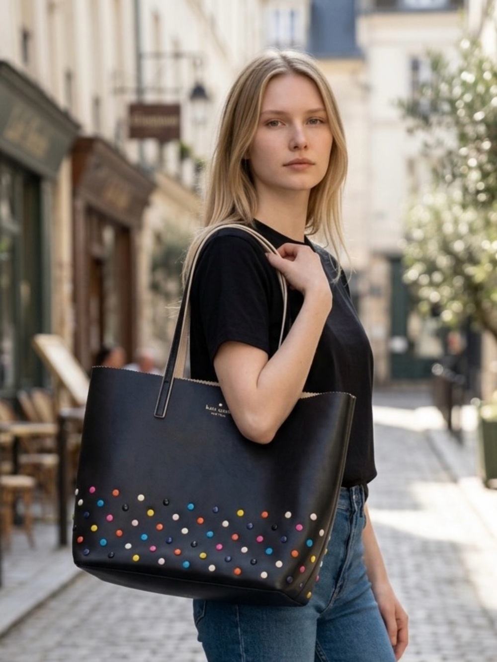 kate spade large black leather tote with multicolor stud dots